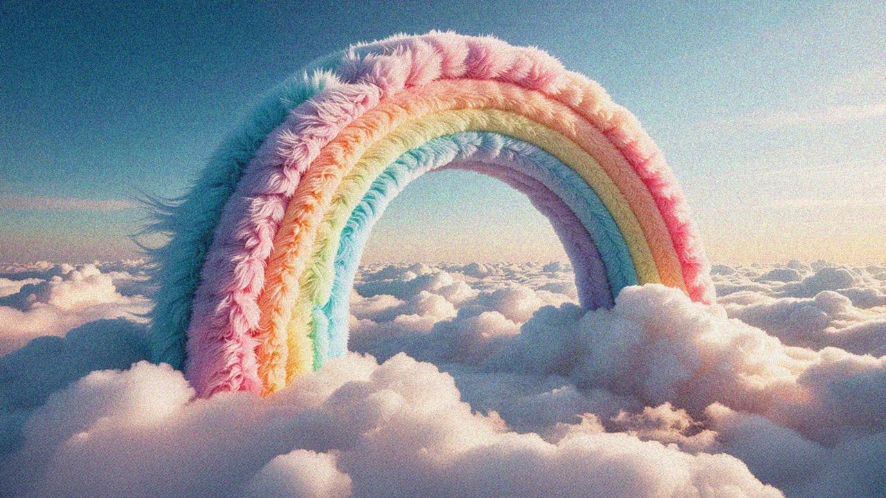 A furry rainbow jutting above the clouds