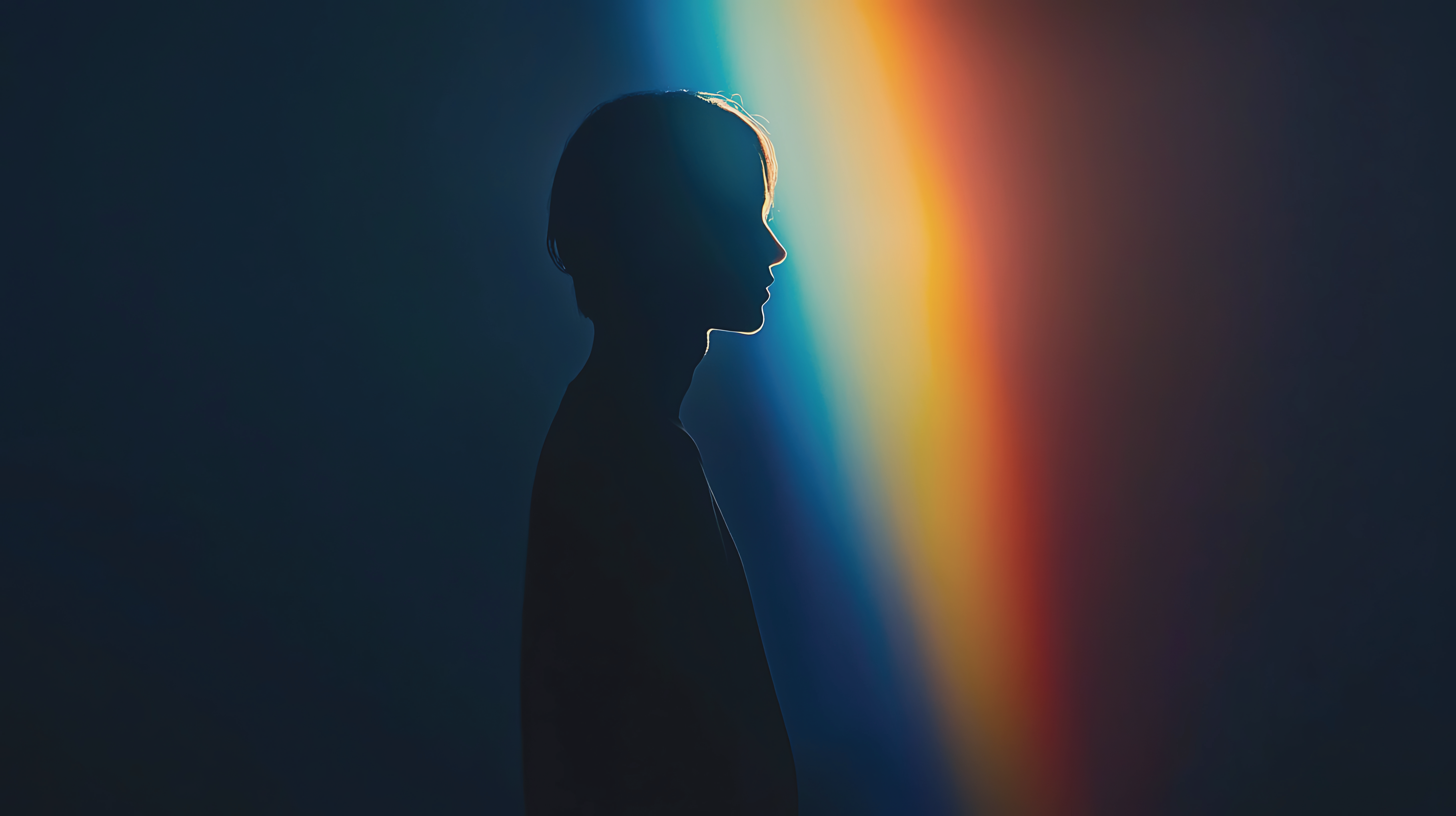 A silhouette of a man in front of a dark background with an arc of rainbow-esque light behind him