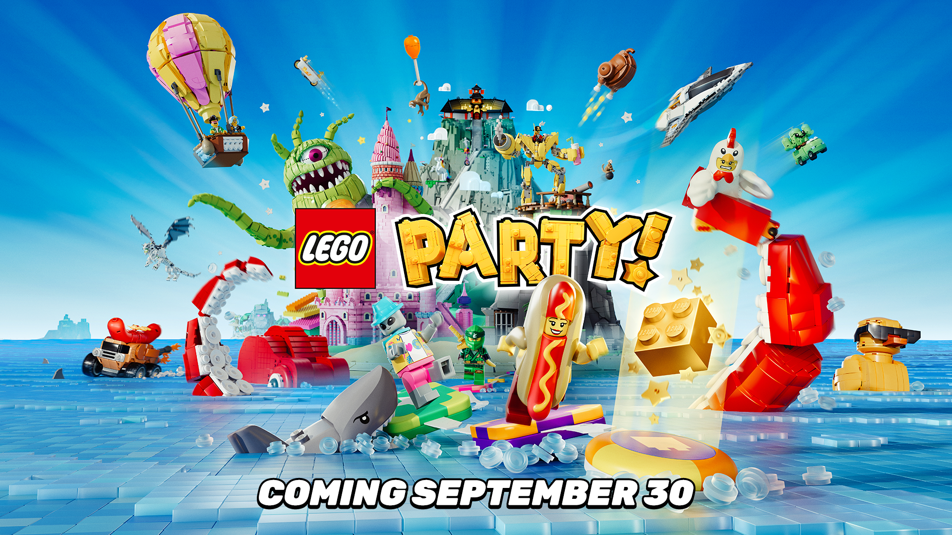 LEGO Party launch coming September 30 - a range of LEGO figures in the middle of the picture in front of a blue background