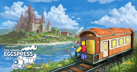 A train going past a landscape of a castle on an island with the words 'Egg Hunt The Grand Eggspress' in white in the bottom left