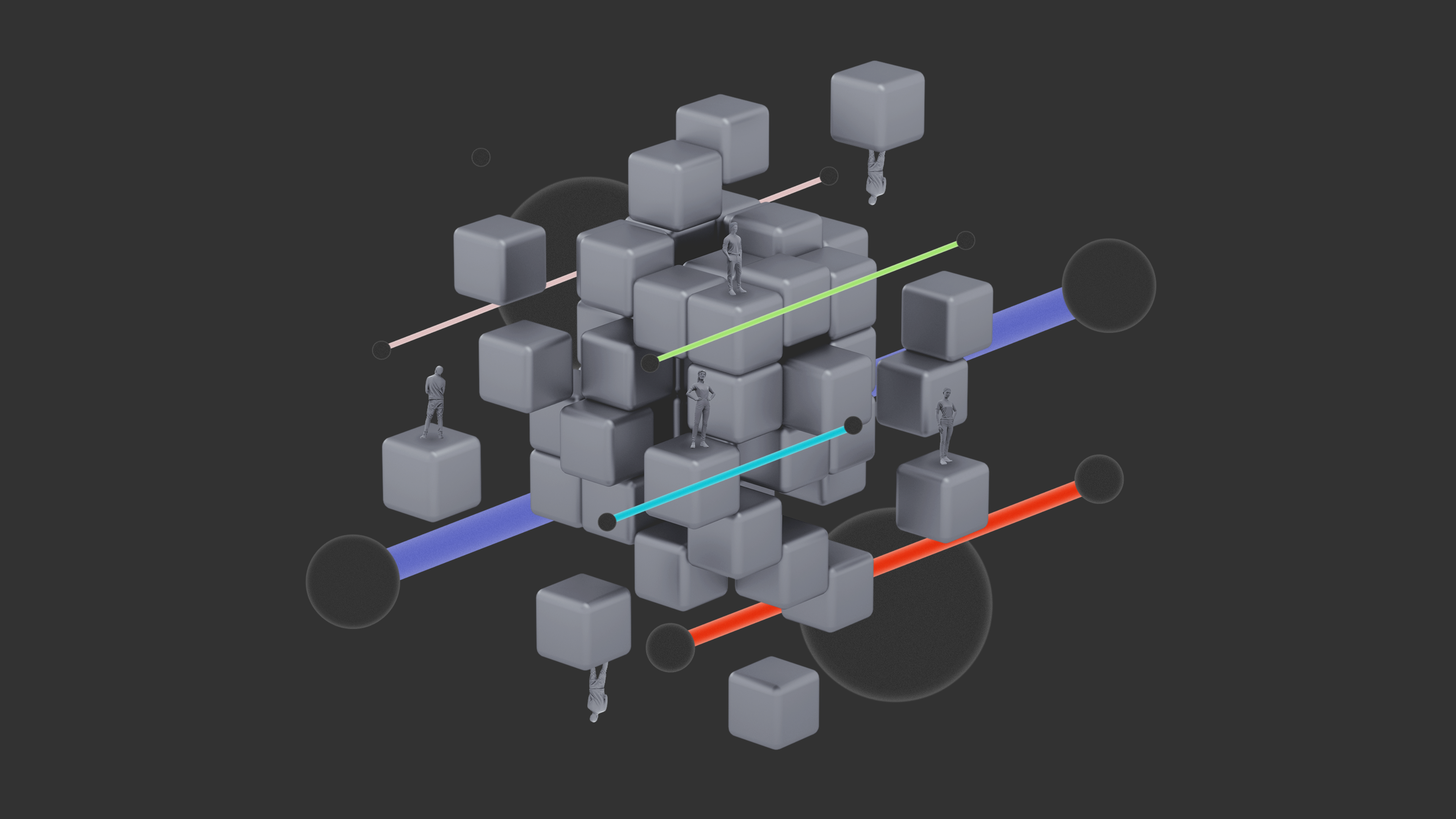 Lots of Grey cubes in the centre of the image with green, purple and red line around them on a black background