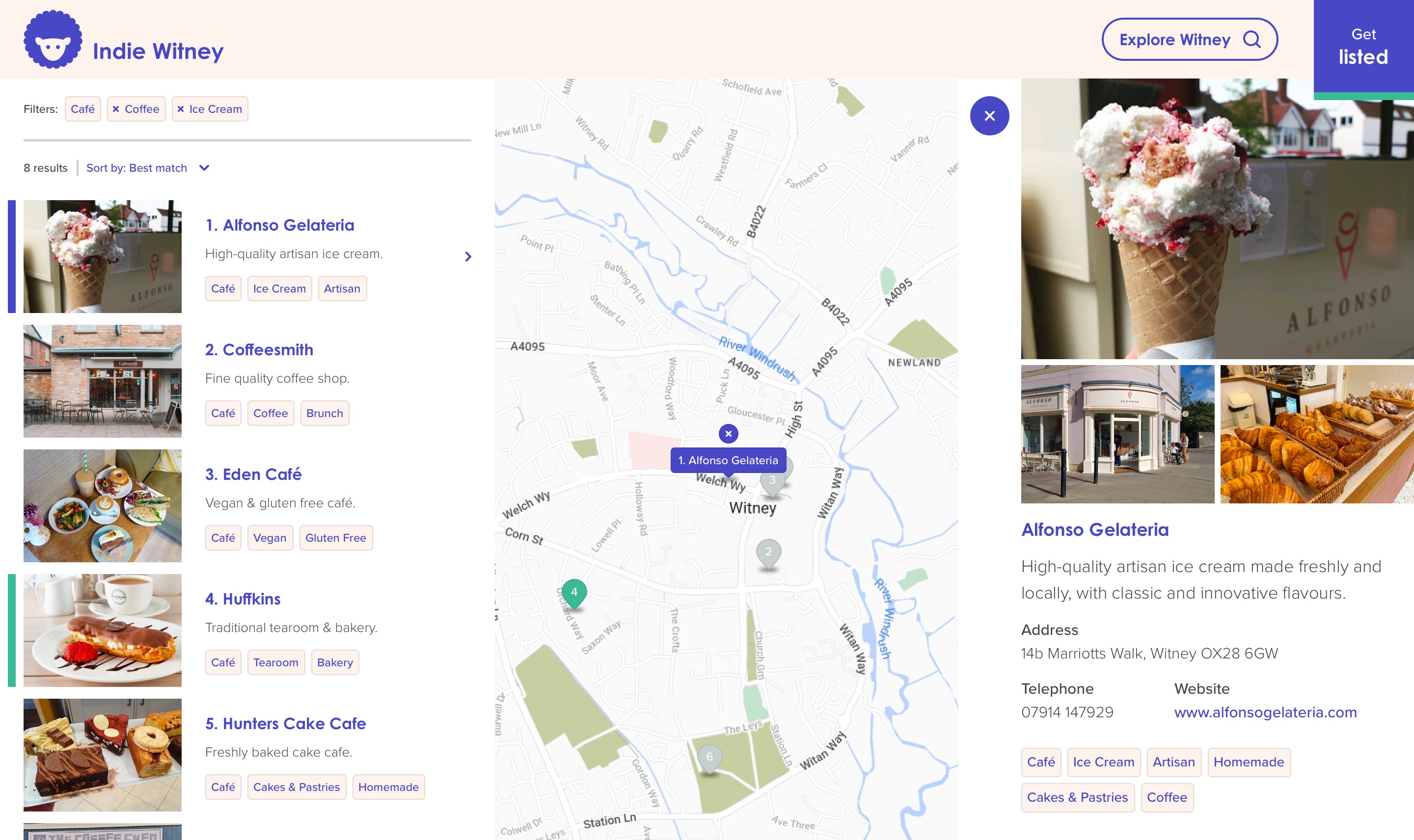 Indie Witney business detail page.