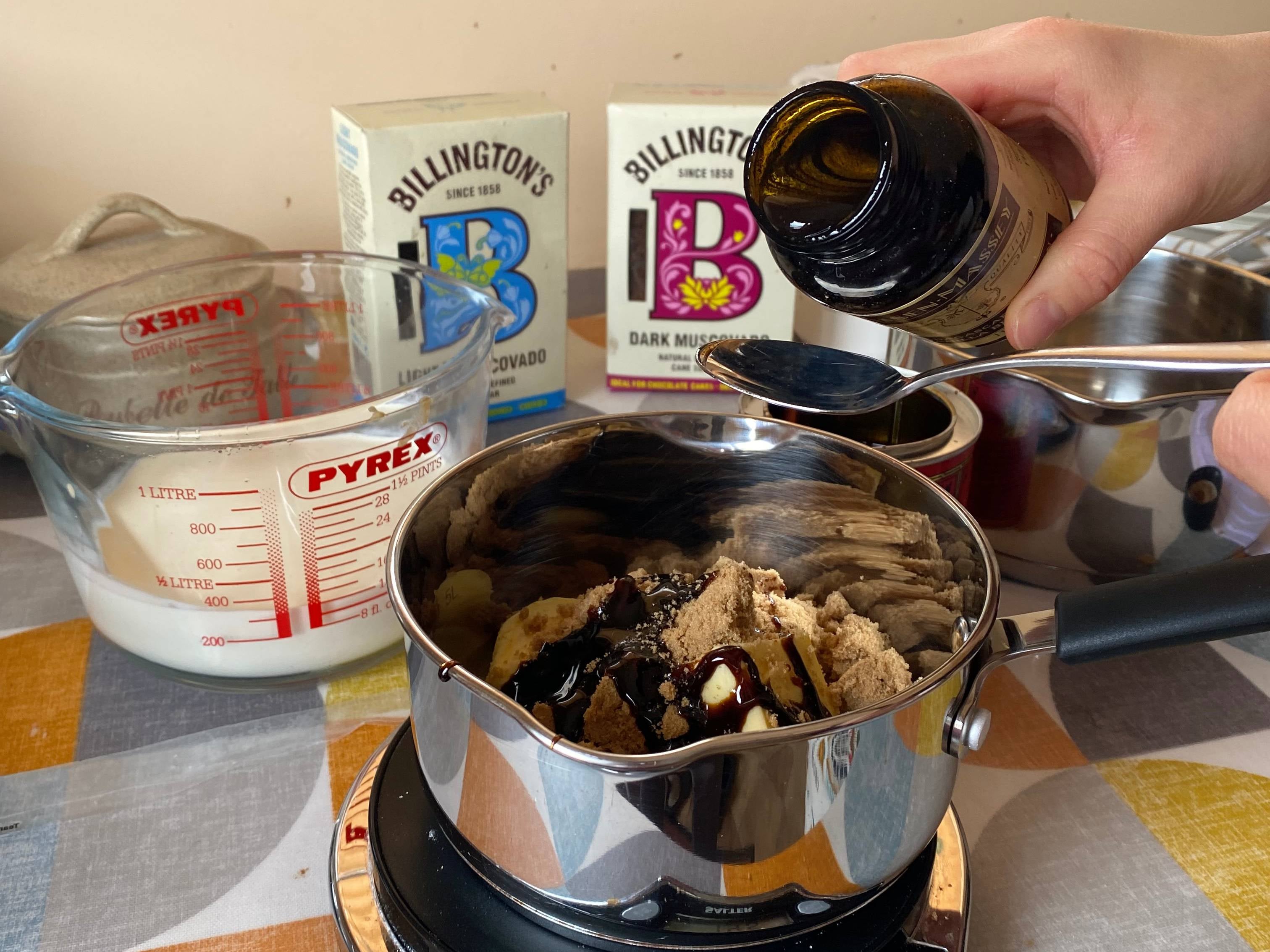 Making the sticky toffee pudding mixture for Nigella and Mary Berry sticky toffee pudding, with Billington's dark muscovado sugar 