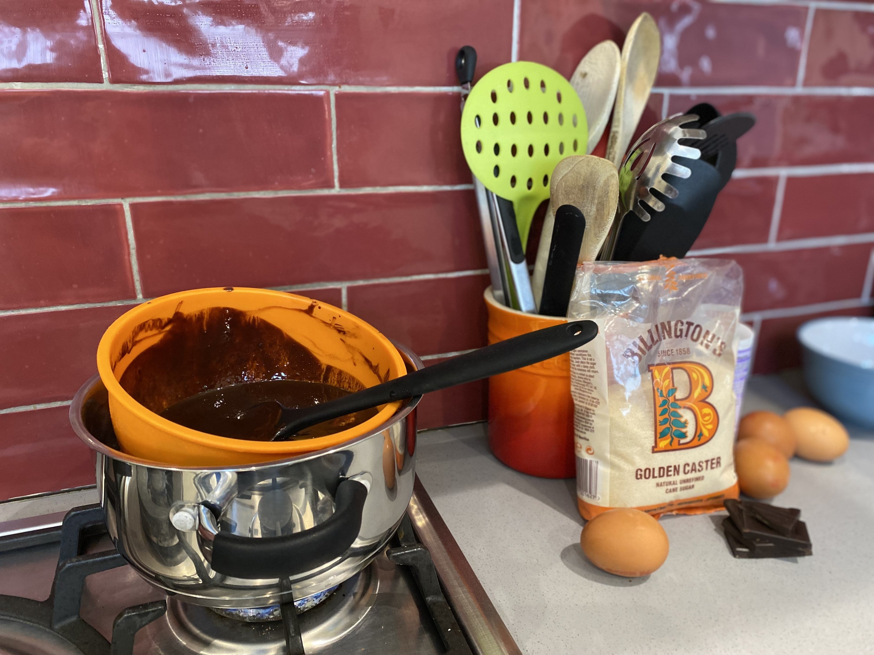 Melting butter and chocolate for Jamie Oliver's brownie mix