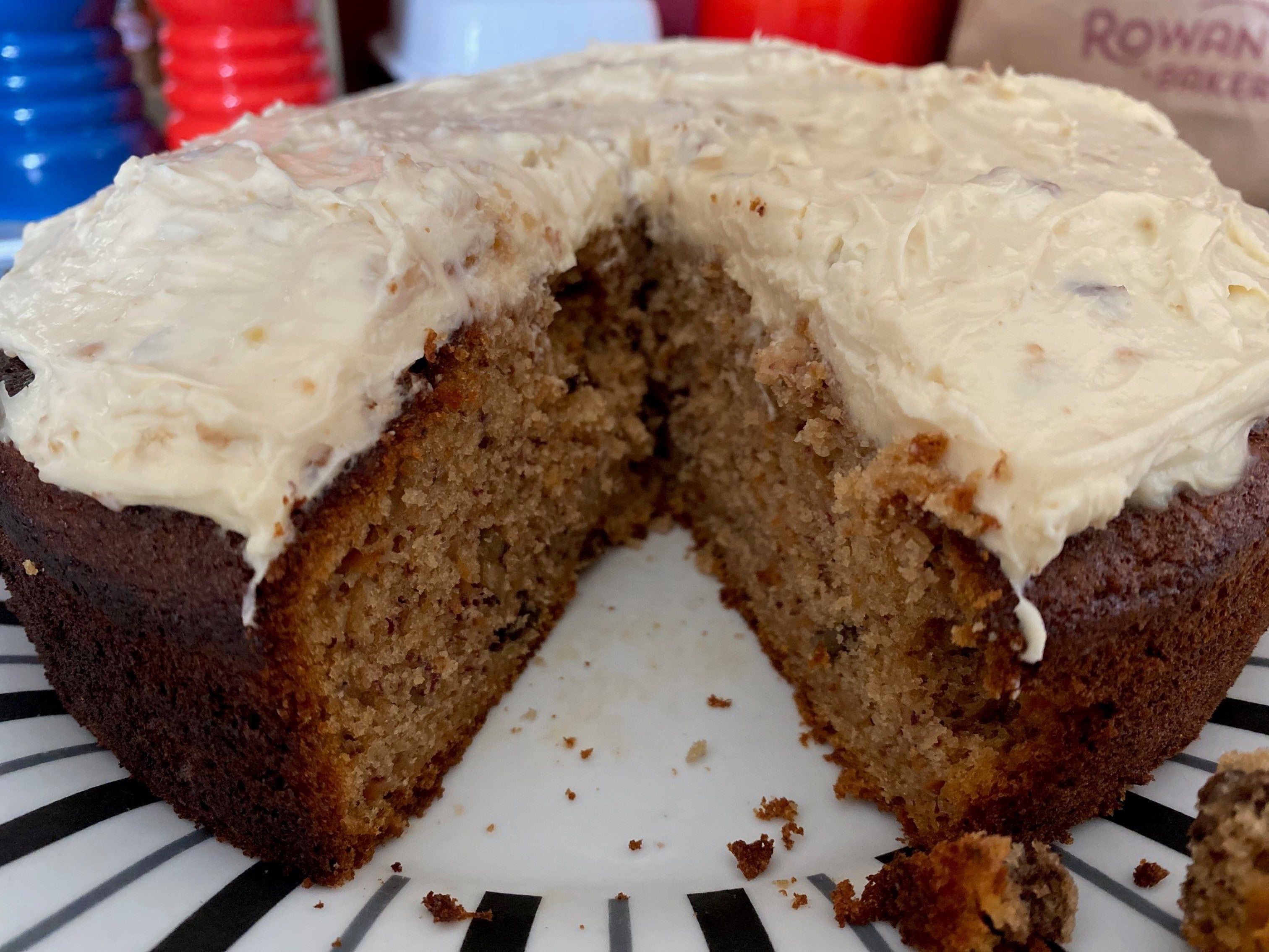 Close-up of Mary Berry's carrot cake recipe showing the inside of the cake and rich vanilla mascarpone icing