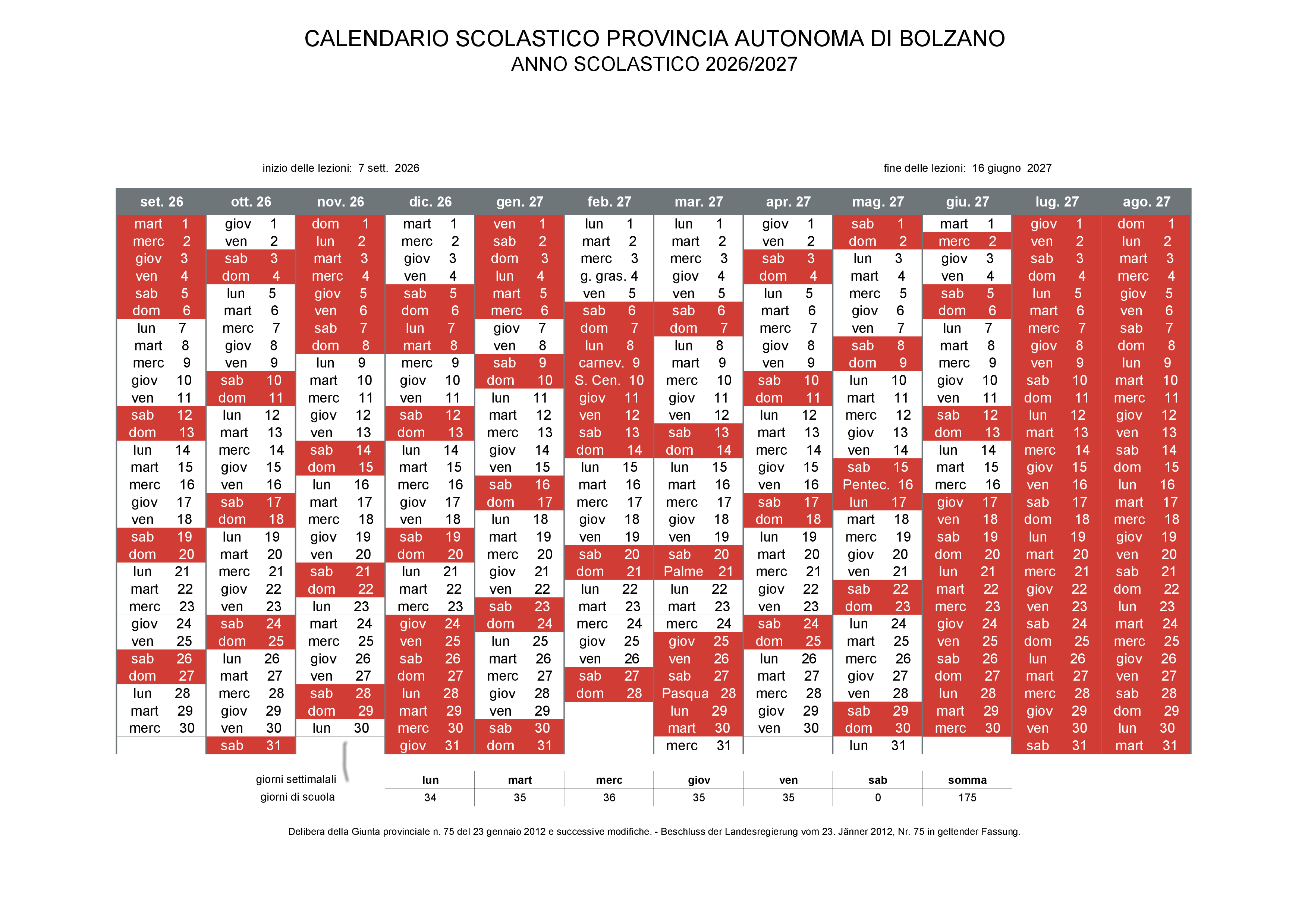 Calendario scolastico 2026/27