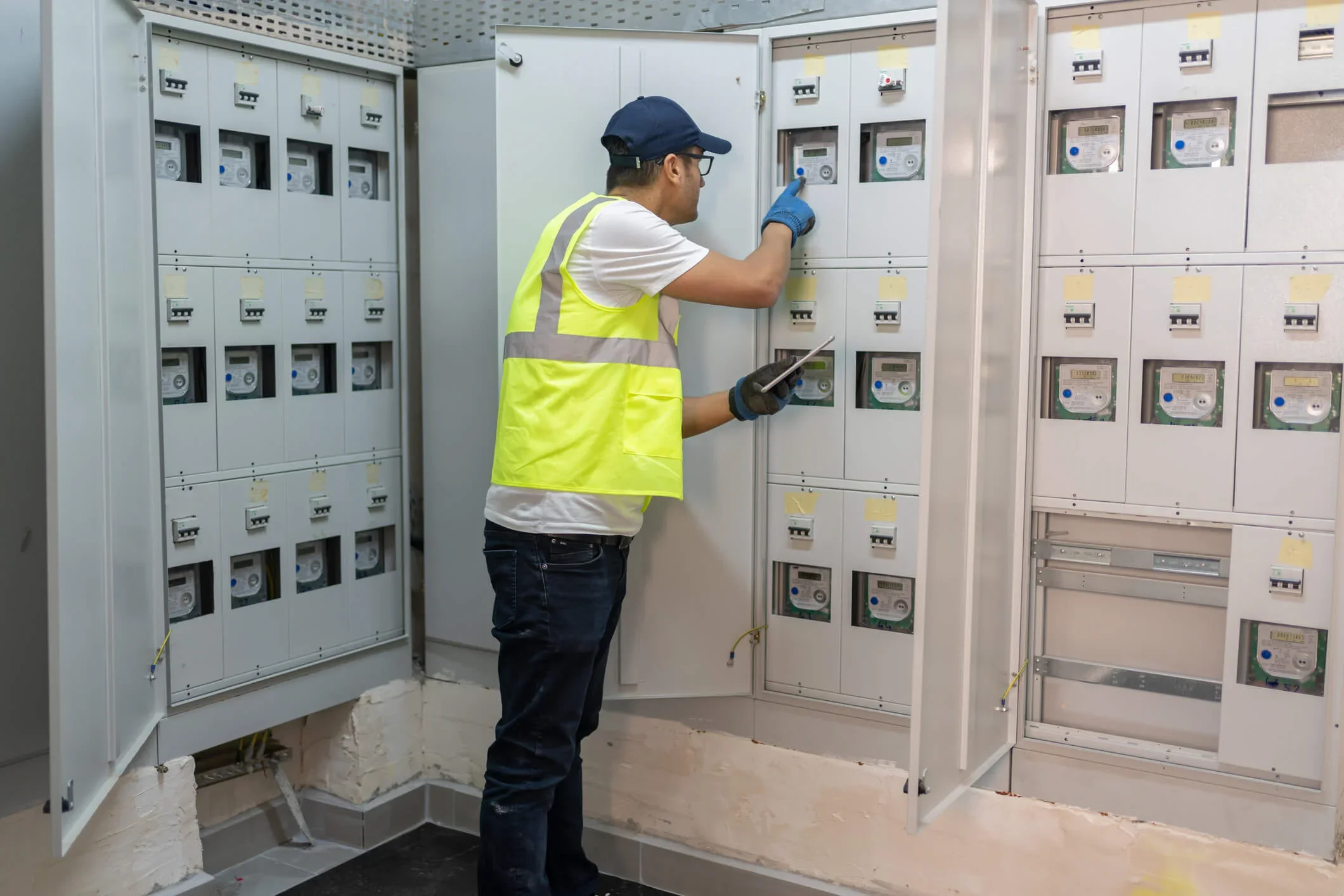 Male Technician Working At Electricity Power Station where half hourly meters are required