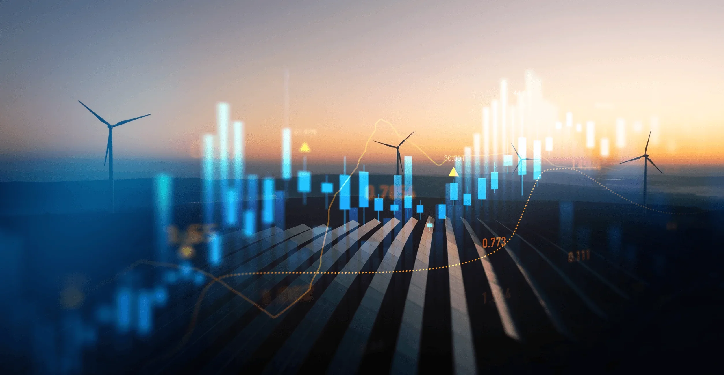 Wind turbines and a solar farm at sunset with transparent candlestick charts, data points and trend lines overlaid, illustrating renewable energy generation, energy market forecasts and business electricity price trends.