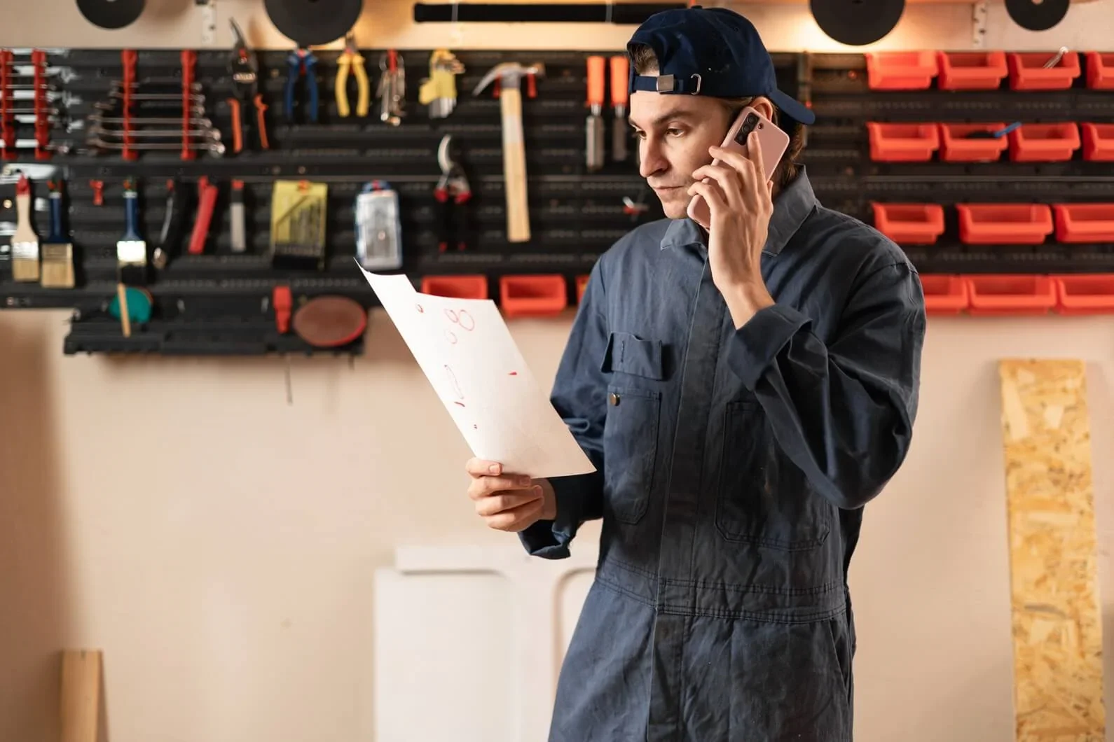 A workshop owner holds a business enegy bill. He is on the phone to his supplier to ask why prices are so high.