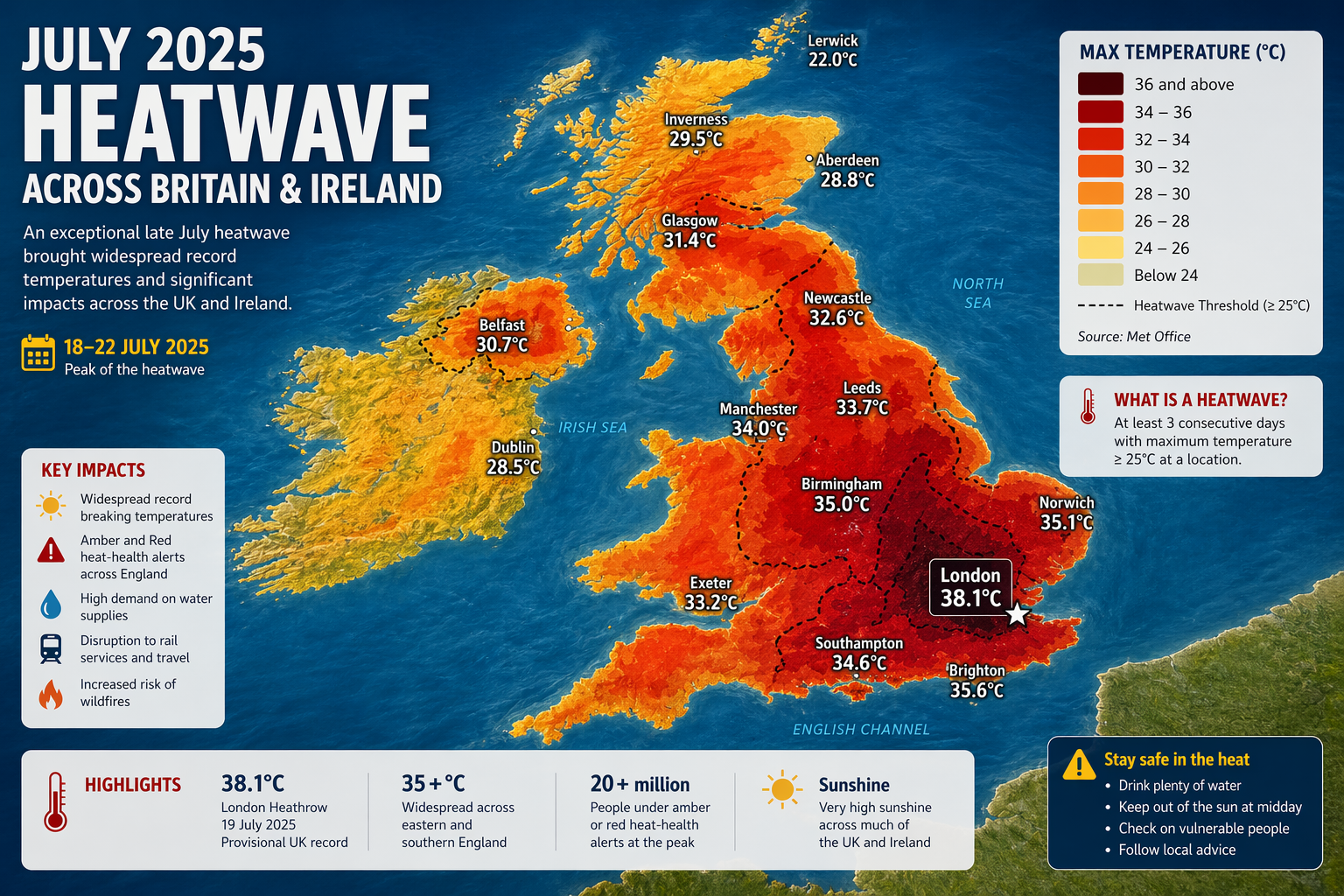 Heat map of Britain and Ireland, July 2025