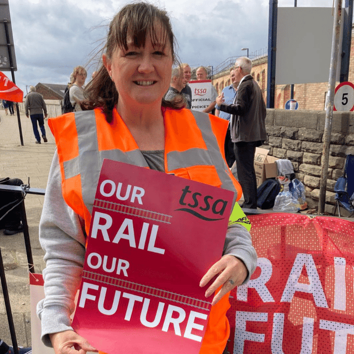 Lynsey on York picket line with placard