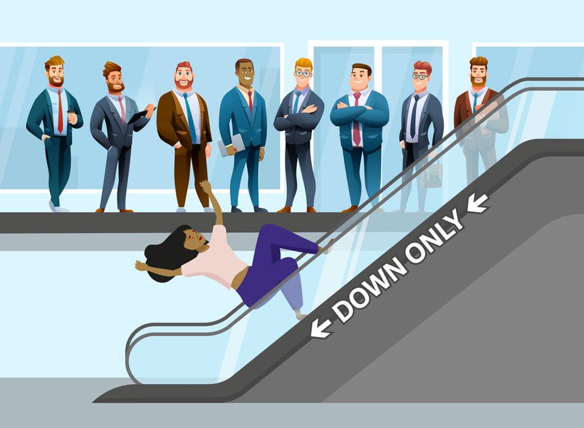 A cartoon style picture: Eight different men standing at the top of an escalator watching while a brown skinned woman falls backwards down the escalator.