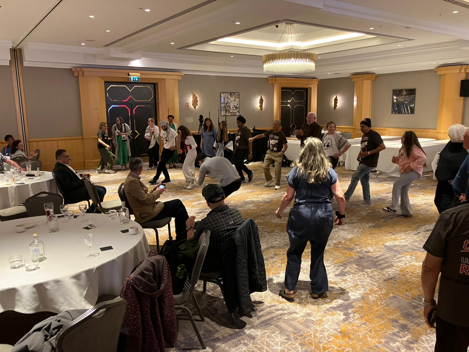 Dabke dancing at the E-Mix Palestine solidarity event. 