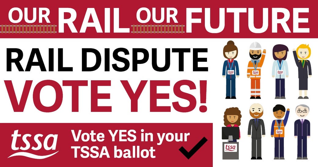 Our Rail our Future meme with text saying "Rail Dispute Vote Yes" and cartoon people.
