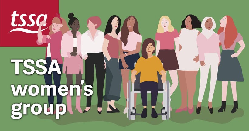 Artwork showing 10 women in a wide variety of body shapes, races, clothing styles and abilities. Text reads TSSA women's group.