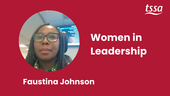 A black woman smiling at the camera, she is wearing glasses and has long hair in braids. Text on the picture reads Women in Leadership, Faustina Johnson.