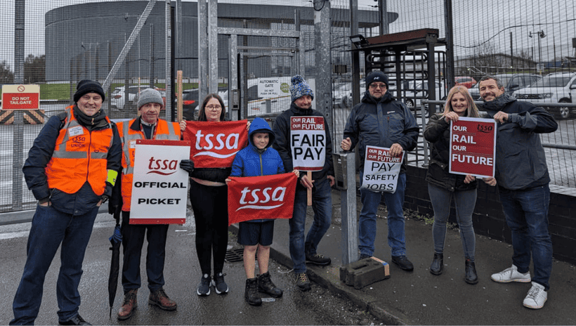Picket line outside West Midlands signalling centre with TSSA banners and placards during WMT strike 