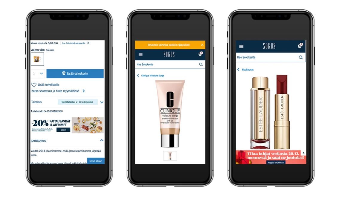 Kuvia Sokoksen verkkokaupasta mobiililla