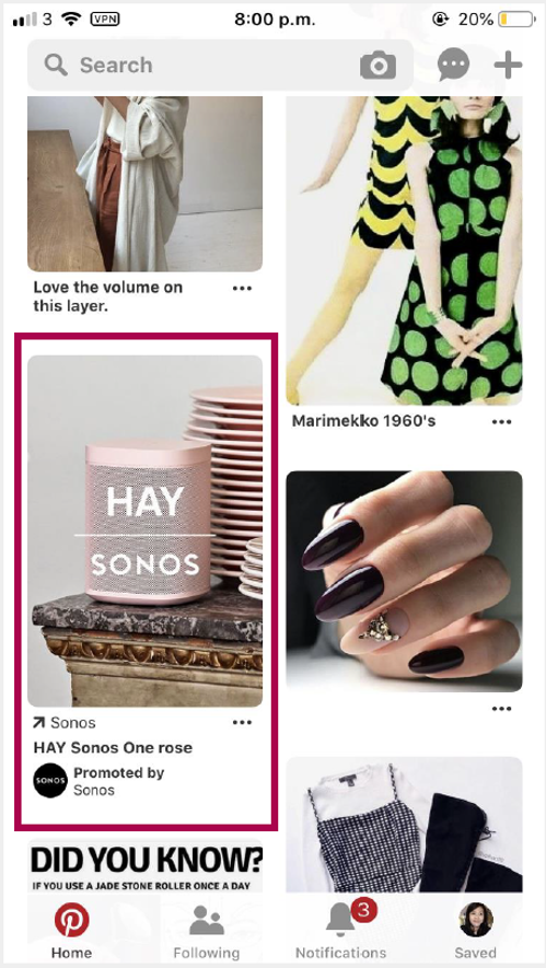 Esimerkki Pinterestin feedistä