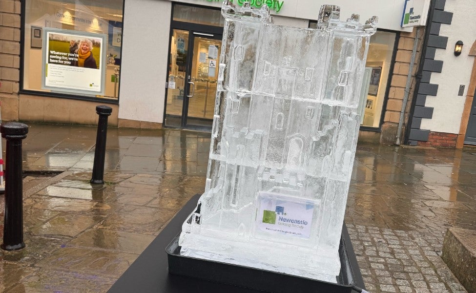 A castle ice sculpture outside of a Newcastle Building Society branch.
