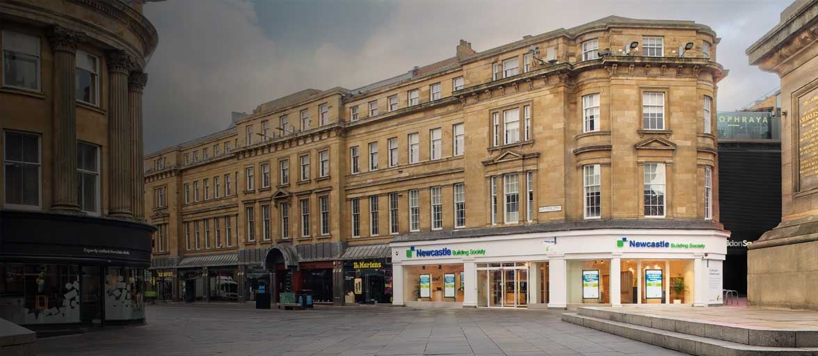 Exterior photo of Newcastle Building Society's Monument branch. 
