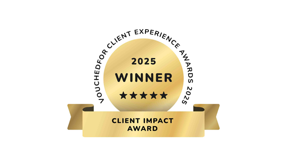 Gold and black logo reading, VouchedFor client experience awards 2025, 2025 winner, client impact award. 