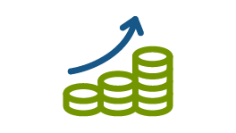 Icon showing green coins and a blue arrow pointing upwards