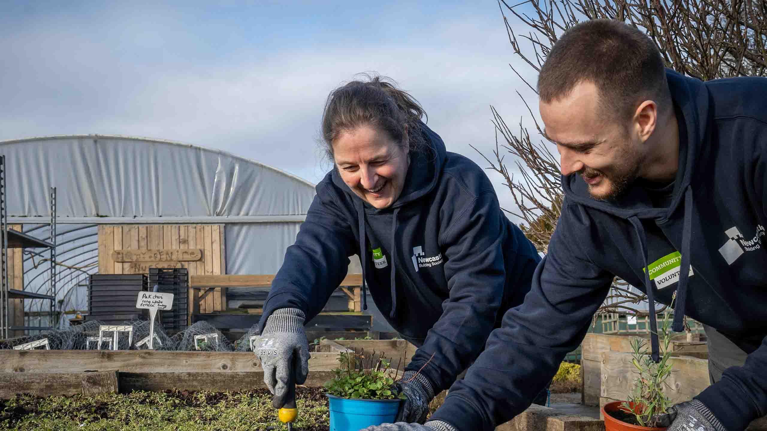 A man and woman planting a plant