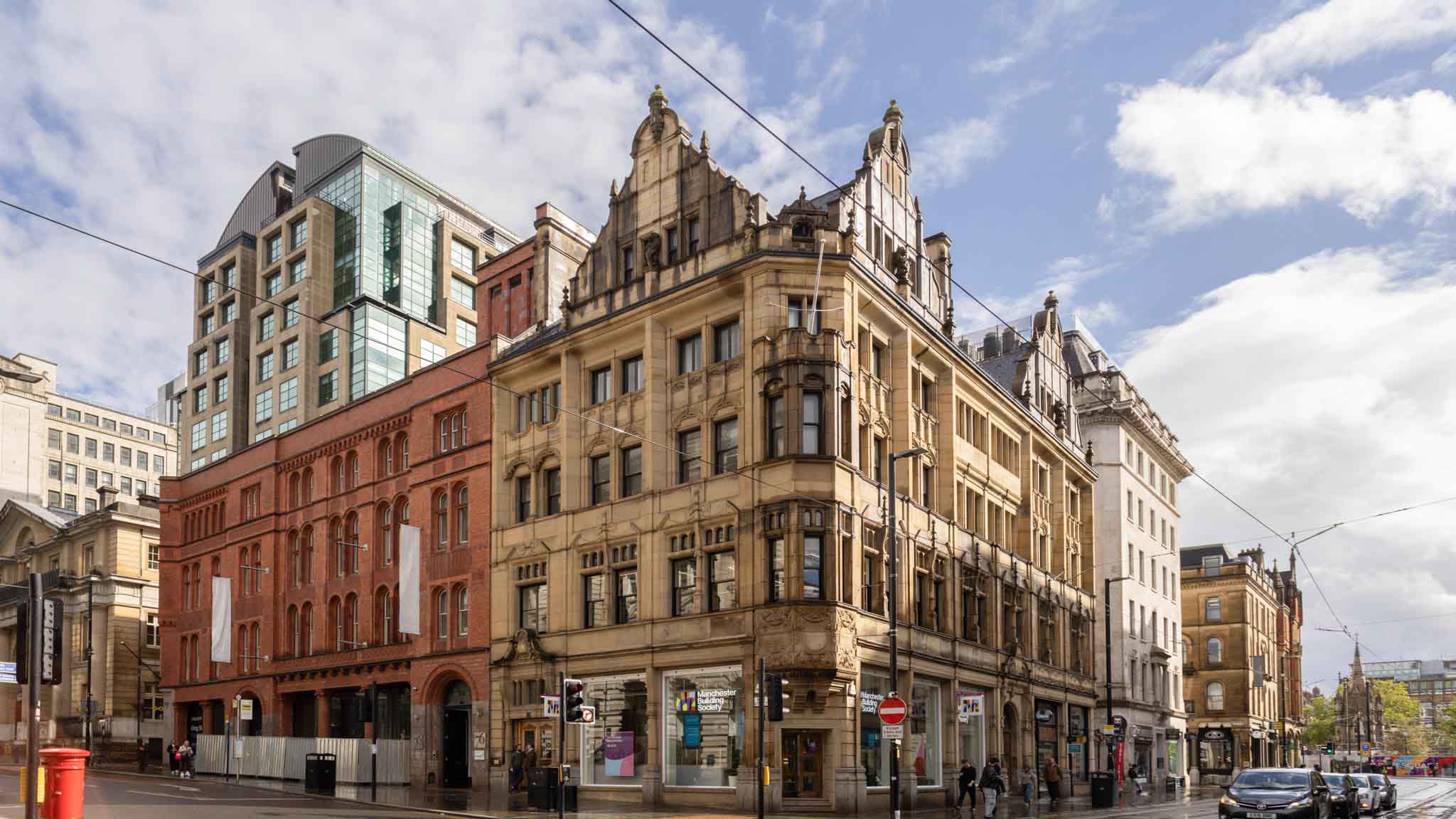 The view from Cross Street of the King Street Manchester Building Society branch.