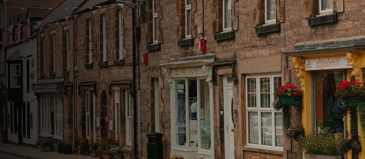 A row of houses and shops in Wooler. 