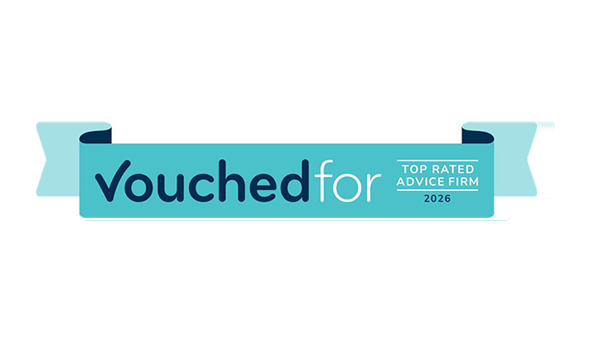 A blue and white sign with the word 'Vouchedfor Top rated advice firm 2026'.