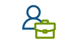 A blue and green icon of a person with a briefcase