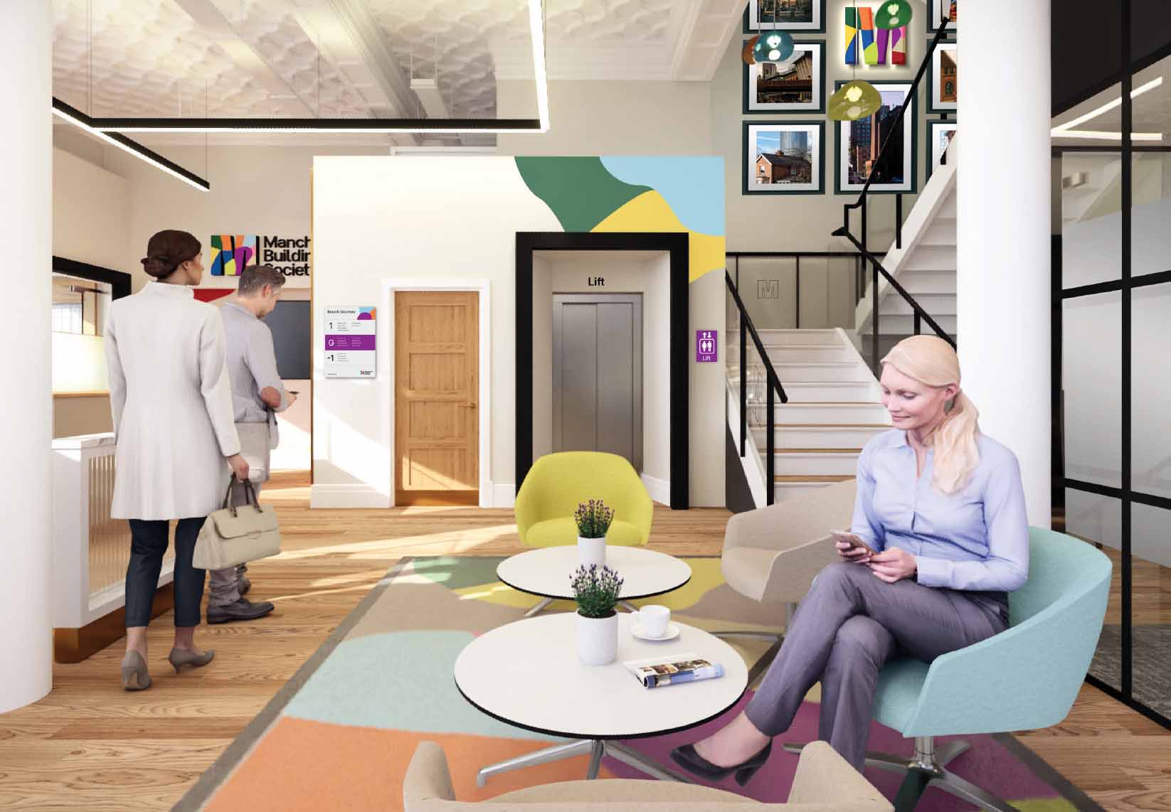 Computer generated image of our King street branch, showing a woman sitting in the waiting area with a couple entering the branch.