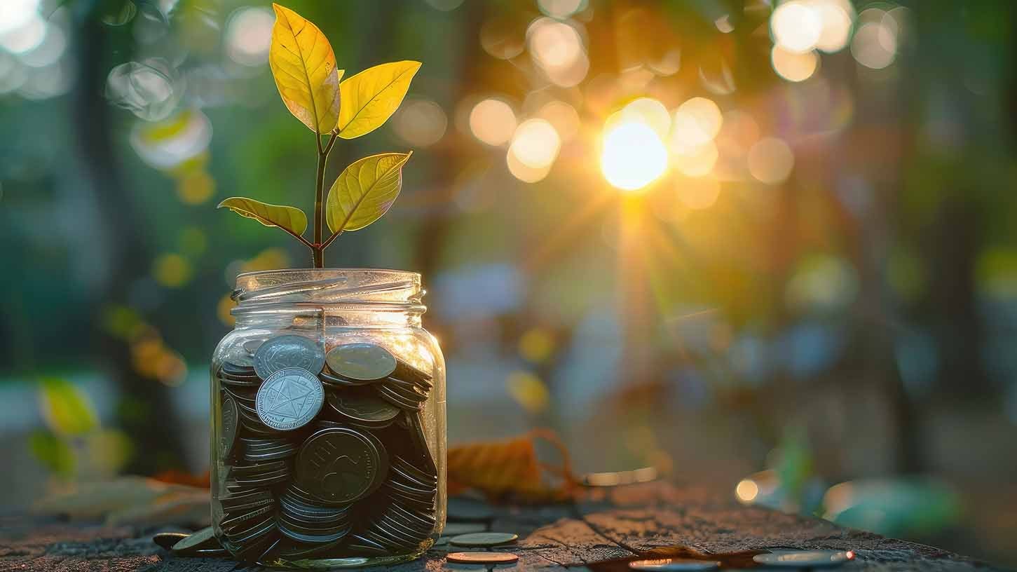 A jar of coins with a plant growing out of it