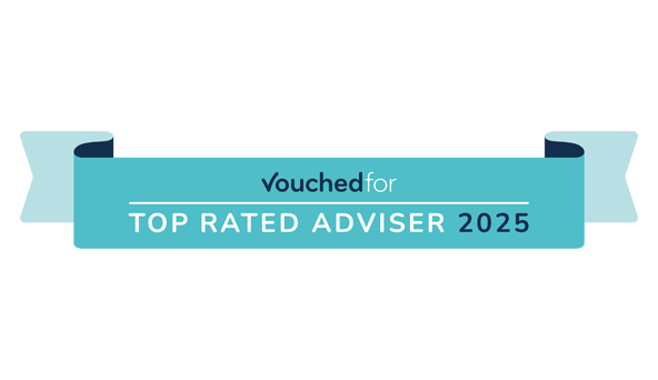 A blue and white sign with the wording, 'Vouchedfor Top Rated Adviser 2025'
