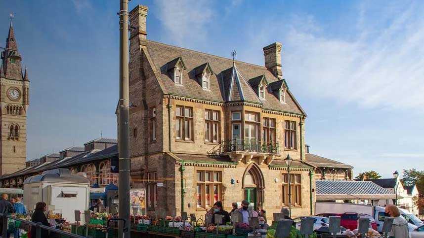 Darlington market place with fruit and vegetable stalls out. 