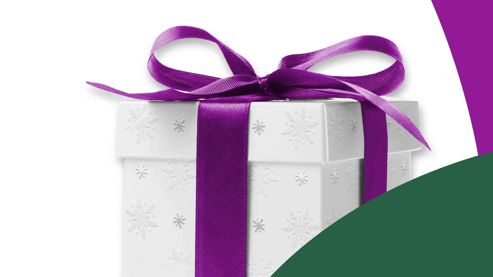 A festive present with purple bow