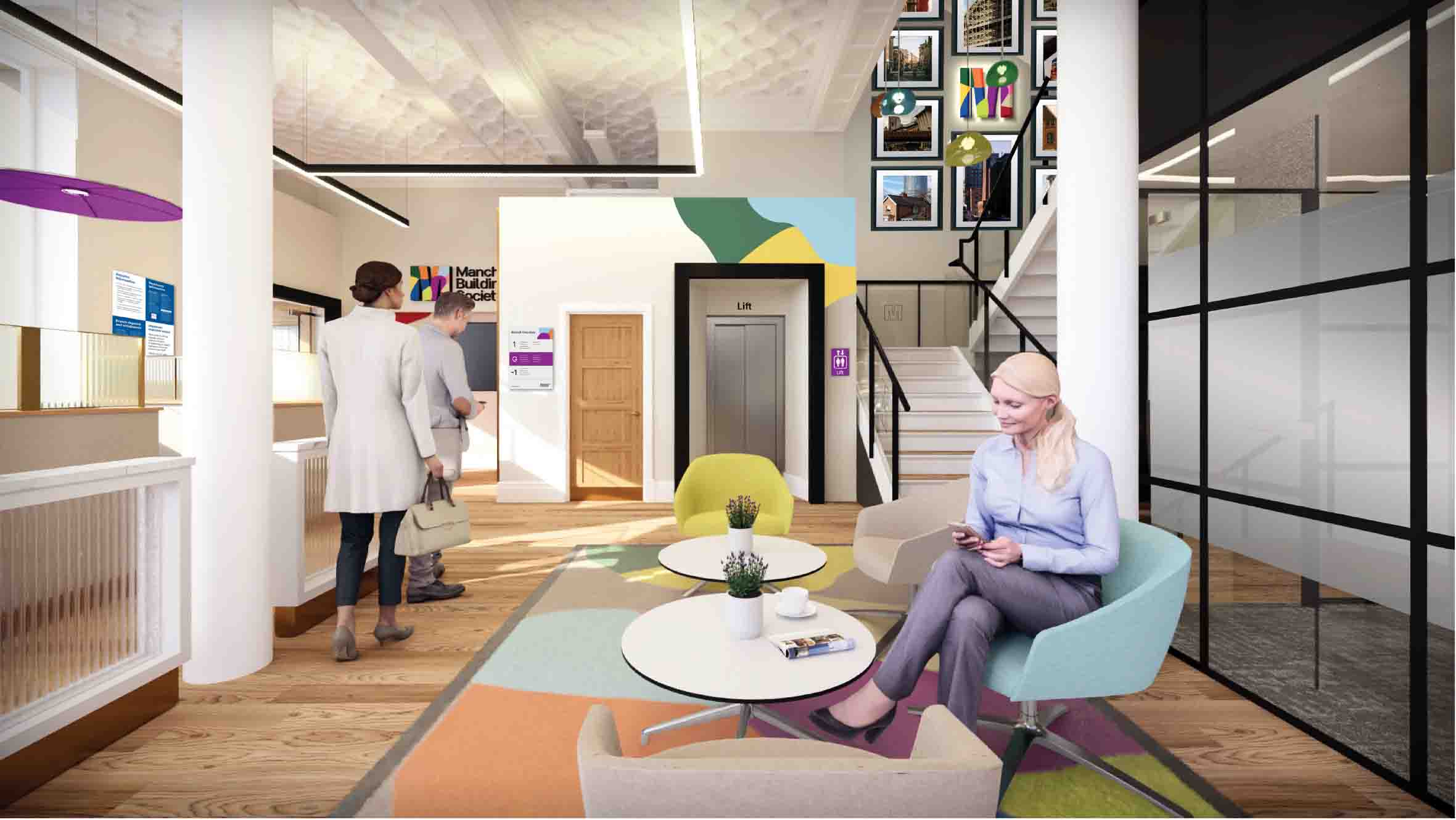 Computer generated image of our King street branch, showing a woman sitting in the waiting area with a couple entering the branch.