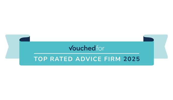 A blue and white sign with the word 'Vouchedfor Top rated advice firm 2025'.