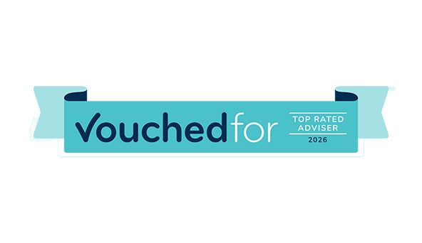 A blue and white sign with the wording, 'Vouchedfor Top Rated Adviser 2025'