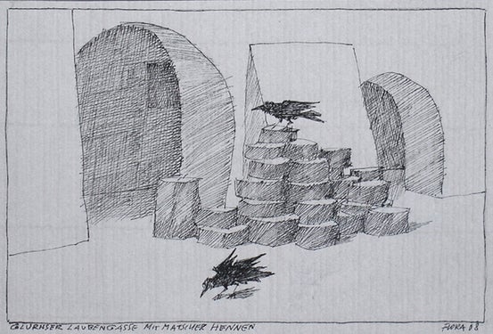 Paul Flora, Glurnser Laubengasse mit Matscher Hennen. Foto Glurns Marketing