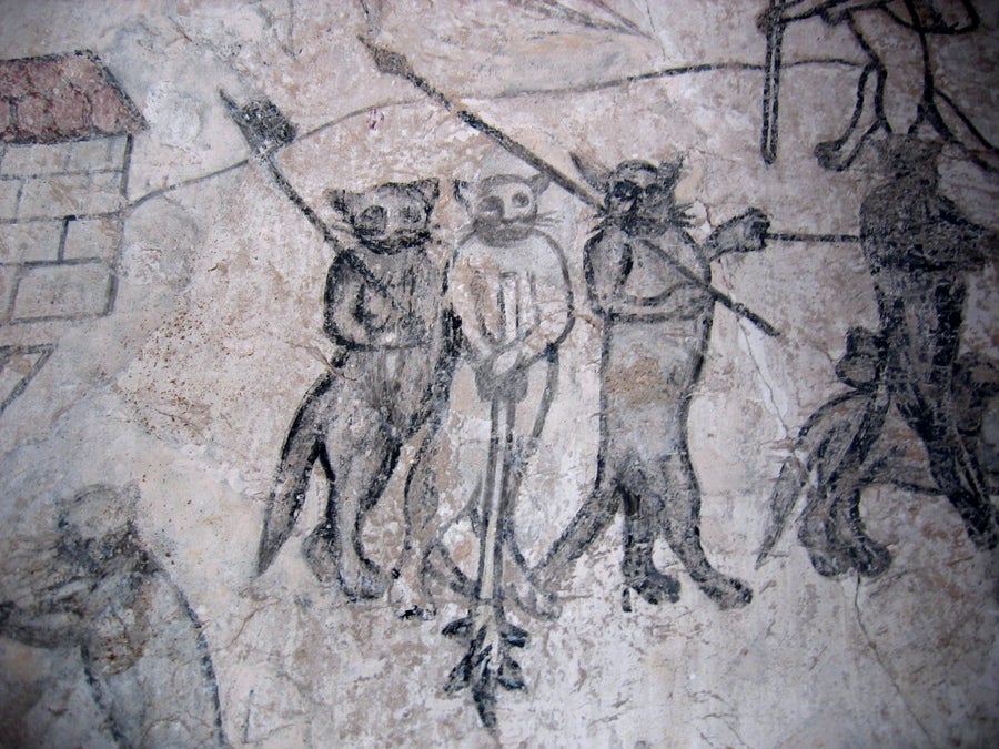 Museum Schloss Moos-Schulthaus, gotische Wandmalerei, die Katzenritter . Foto Museum Schloss Moos-Schulthaus