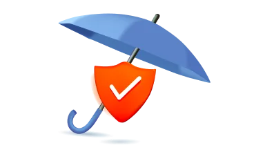 A blue umbrella with a red shield and a check mark
