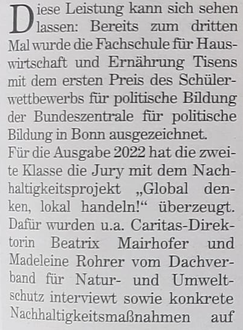 Preisverleihung des Wettbewerbs politische Bildung. Foto: FS Tisens