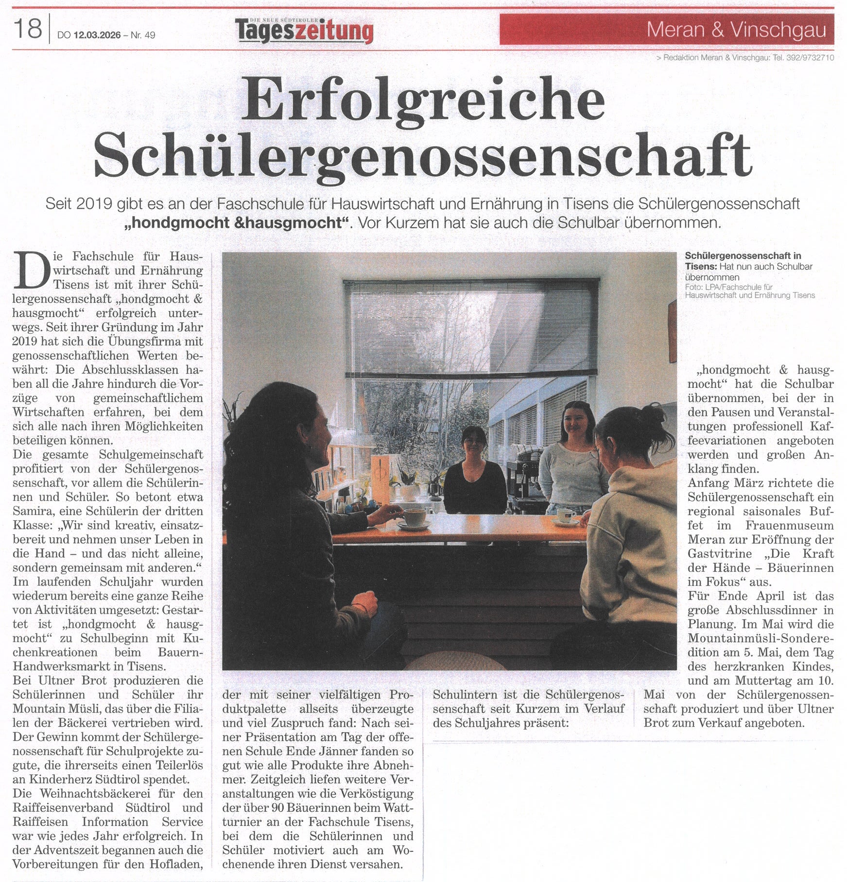 Beitrag zur Schülergenossenschaft in "Die Neue Südtiroler Tageszeitung" 12.03.2026 Seite 18