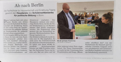 Preisverleihung des Wettbewerbs politische Bildung. Foto: FS Tisens