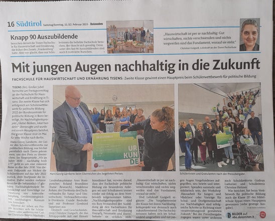 Preisverleihung des Wettbewerbs politische Bildung. Foto: FS Tisens