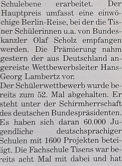 Preisverleihung des Wettbewerbs politische Bildung. Foto: FS Tisens