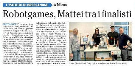 Ritaglio articolo: Robotgames, Mattei tra i finalisti