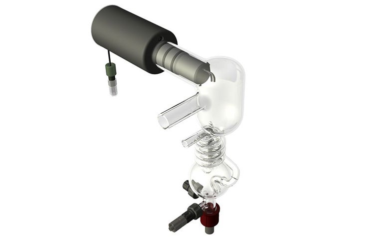 The MARGA air pollution measurement system from Metrohm Applikon. Two glass chambers connected by a spiraling glass tube, with a steam injector attached to the top.